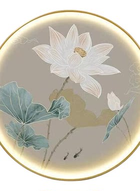 荷花新中式圆形装饰画轻奢玄关书房禅意灯画茶室水墨意境莲花圆画