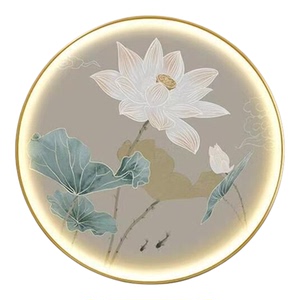 荷花新中式圆形装饰画轻奢玄关书房禅意灯画茶室水墨意境莲花圆画