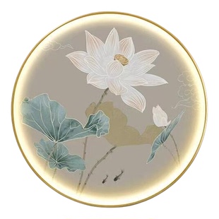 荷花新中式圆形装饰画轻奢玄关书房禅意灯画茶室水墨意境莲花圆画