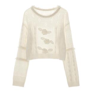 MAMC立体玫瑰花软糯毛毛领毛衣2024秋季新款甜美镂空针织衫上衣