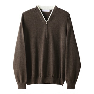 特价 复古老钱风半拉链拼色V领毛衣男秋冬羊毛混纺软糯亲肤针织衫