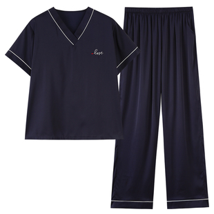 深色夏季冰丝睡衣套装女短袖长裤中年妈妈薄套头休闲家居服带胸垫