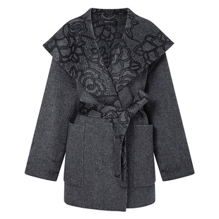【绵羊毛】BCBG女装蕾丝印花双面毛呢外套灰色高级感大衣外套冬