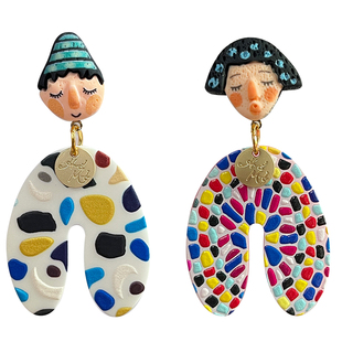 多巴胺度假风不对称娃娃耳钉彩色波点耳环不对称耳夹夸张长款耳环