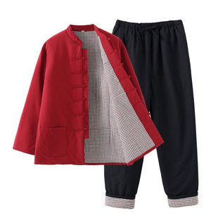 老粗布唐装棉袄男秋冬装纯棉加厚外套中式复古汉服套装中老年棉衣