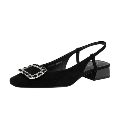 哈森包头凉鞋女春夏新款复古羊反绒通勤粗跟单鞋HWM240119