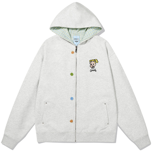 GUUKA&原田治联名格纹连帽卫衣外套男款刺绣重磅纯棉开衫拉链帽衫