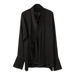 VAPOURBLUE新中式系带绸缎衬衫女春季假两件设计感小众宽松白上衣