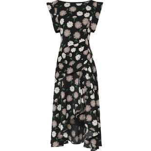 夏季女装2026新款气质法式黑色飞飞袖收腰显瘦印花连衣裙长裙