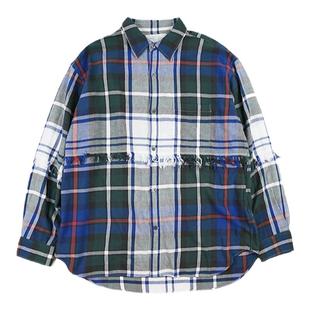 UNUSED FRINGE BIG CHECK SHIRT 水洗做旧流苏拼接格子长袖衬衫