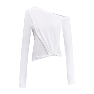 出逃赤岗西 设计感立体抽褶斜肩上衣女纯色莱赛尔露肩修身长袖T恤