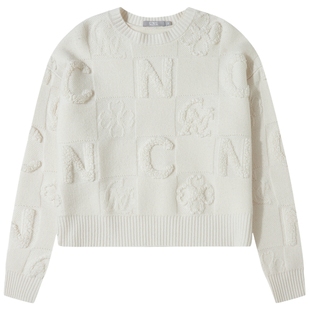 CNC轻奢女装 毛巾绣字母落肩短款针织衫女羊毛羊绒混纺毛衣套头衫