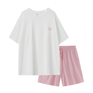 休闲风凉感棉睡衣套装女款新疆棉春夏短袖家居服女士带胸垫可外穿