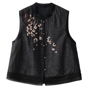 一丝牵真丝香云纱刺绣马甲100%桑蚕丝国风立领拼接欧根纱坎肩上衣