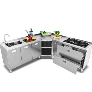 304不锈钢整体橱柜家用厨房转角定制 多功能储物柜水槽一体灶台柜