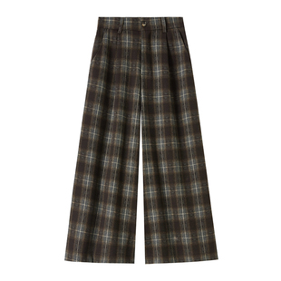 时尚复古毛呢格子阔腿裤女2025秋冬高腰显瘦小个子休闲直筒七分裤