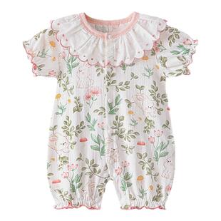 女宝宝夏天衣服婴儿短袖连体衣天竹棉夏季薄款女童花边夏装新生儿