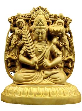 黄杨木本命年双面雕刻观音汽车摆件阿弥陀佛手把件生肖守护神佛像