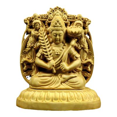 黄杨木本命年双面雕刻观音汽车摆件阿弥陀佛手把件生肖守护神佛像