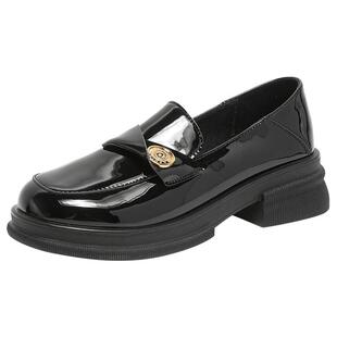 大东厚底乐福鞋女鞋2026新款春爆款粗跟金币漆皮小皮鞋0200