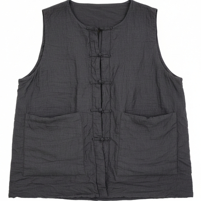 色织亚麻中式盘扣夹棉中长棉马甲