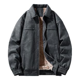 班尼路加绒加厚PU皮夹克外套男士秋冬季2026新款水洗复古棒球服E