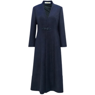 华族经典旗袍外套羊毛呢冬季盘扣修身显瘦优雅纯色唐装风衣中长款