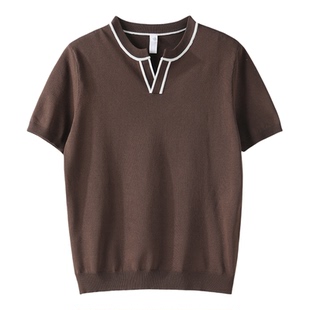 LUUD 雅奢老钱时尚极简薄款针织短袖男夏季简约撞色亨利领上衣T恤