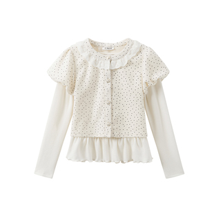 奶油的宇宙 蕾丝波点磨毛加厚内搭长袖女两件套千金风叠穿上衣