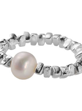 s925纯银碎银子天然珍珠戒指简约ins气质小众设计感闭口弹力指环