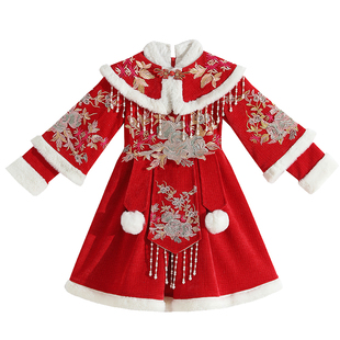 女童新中式连衣裙冬季2025新款洋气儿童唐装女孩新年装加绒拜年服