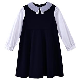 哈齿童装春秋儿童学院风假两件长袖连衣裙女童藏青中长裙女孩秋装