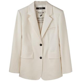 U/TI本白色收腰绵羊毛西装女百搭通勤风正肩外套尤缇2025春季新款