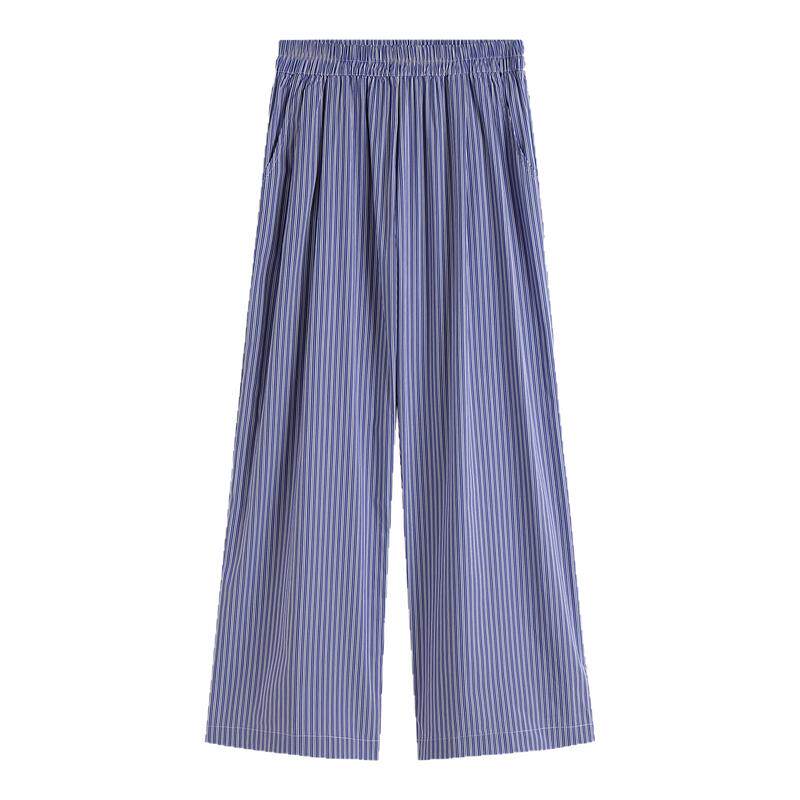 蓝色条纹阔腿裤女夏季