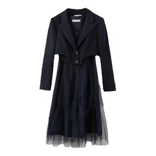 PIT复古法式设计感西装式拼接连衣裙女2025春装新款通勤气质裙子