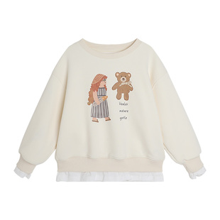 布丁哈鲁春装女童2026春秋新款儿童休闲百搭卡通假两件印花卫衣