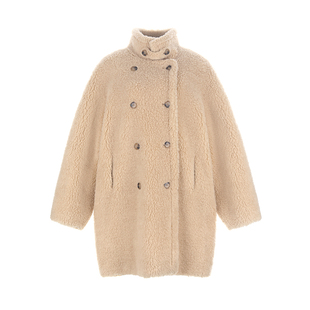 wana try100%绵羊毛复合皮毛一体大衣杏色翻领冬季新款女高级外套