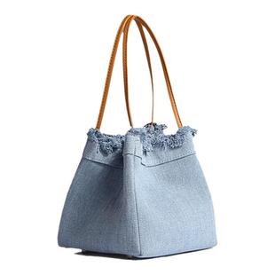 可变形小众洋气高质感文艺牛仔布拼接锦囊包迷你流苏水桶包菜篮子