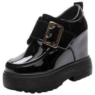 小个子厚底皮鞋12公分内增高女鞋亮面真皮坡跟单鞋超高跟松糕鞋子