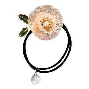 超仙网纱山茶花头绳少女气质扎马尾发圈精致珍珠扎丸子头皮筋发饰