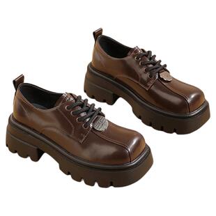 星期六乐福鞋女鞋春季新款棕色厚底高跟鞋小裙子学院制服小皮鞋子