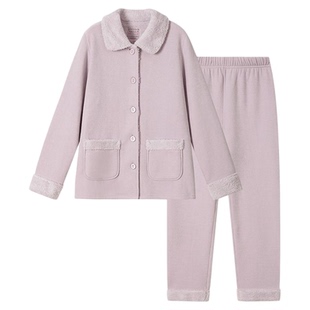 SCHIESSER舒雅女士厚实温暖一体绒翻领开襟大码睡衣家居服套装