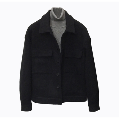 双面呢翻领工装多口袋黑色外套