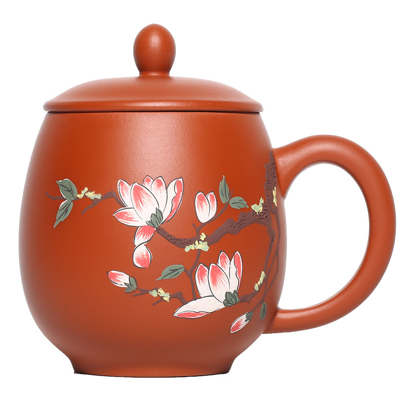原矿朱泥贴花带盖泡茶清仓紫砂杯
