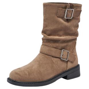 星期六西部靴平跟百搭时尚搭扣时候黑色简约女靴SSC4118645