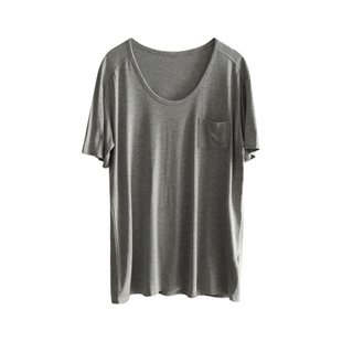 莫代尔口袋大圆领T恤女慵懒风薄款垂感纯色显瘦百搭中长款上衣女