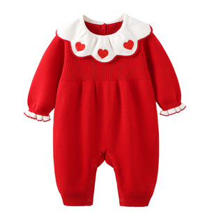 红装modomoma婴儿衣服秋冬装女宝宝针织棉线百天保暖毛衣爬服爱心