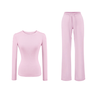 卡戴珊性感辣妹沙漏腰修身弹力长袖上衣t恤高腰休闲直筒裤两件套