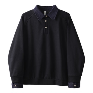 特价 水洗原色牛仔拼接假两件卫衣男秋冬季拼色层次感插肩袖上衣