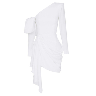 欧美风斜肩长袖主持人晚宴聚会礼服女黑色修身显瘦包臀短款连衣裙